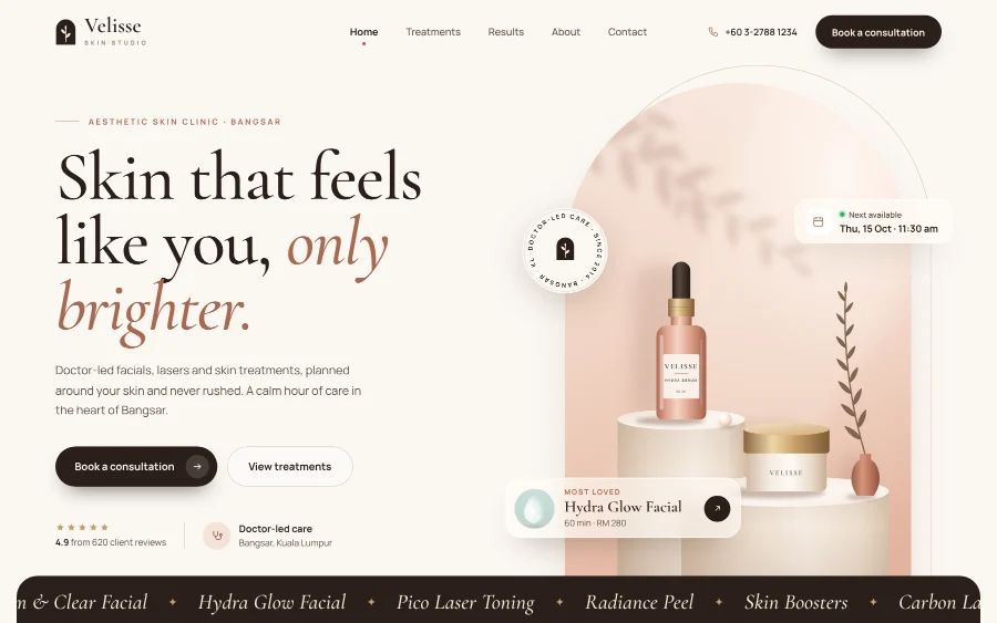 Website design: skin clinic Example website for a skin clinic in Bangsar, Kuala Lumpur, with an elegant home page and a Book a consultation button