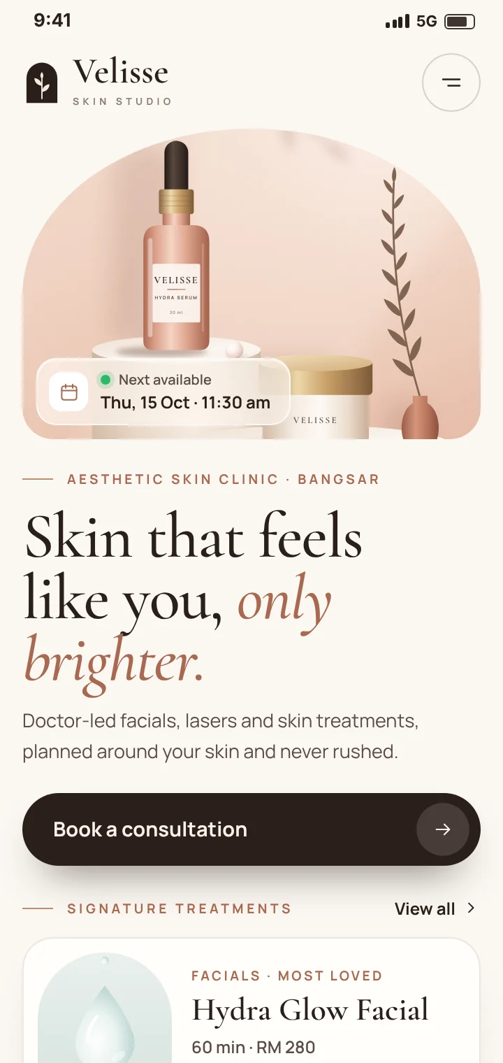 The skin clinic website on a phone with its headline and a Book button