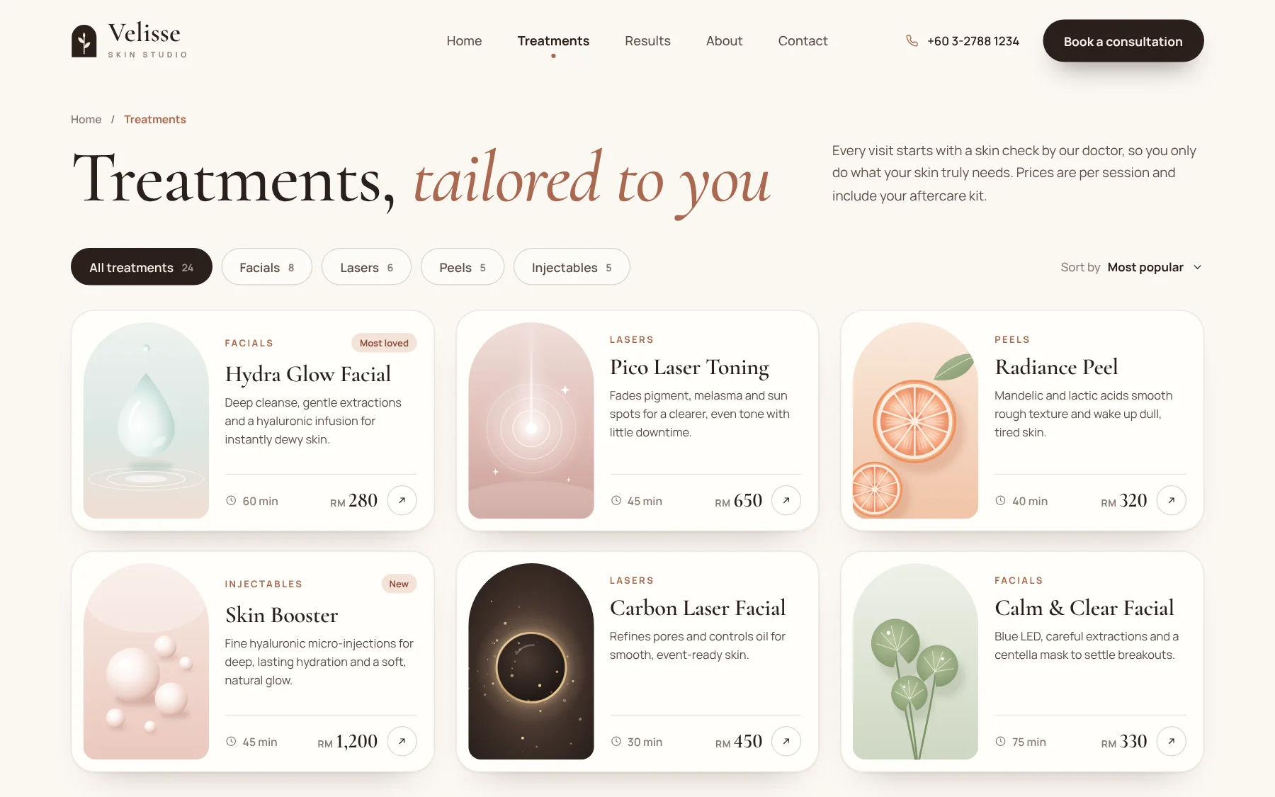 The skin clinic website's treatments page with prices in RM, opened instantly without reloading the page