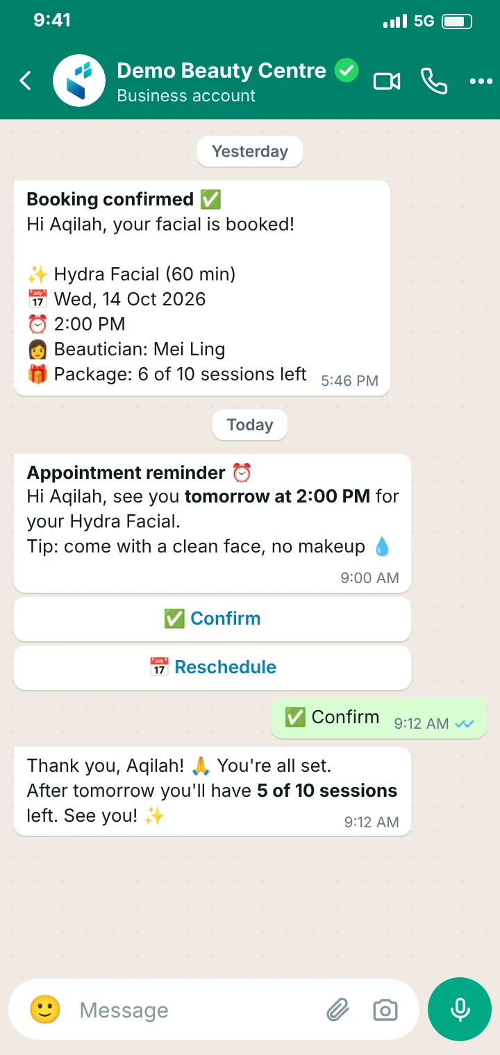 WhatsApp booking confirmation and reminder sent automatically to a beauty centre customer, with package sessions left