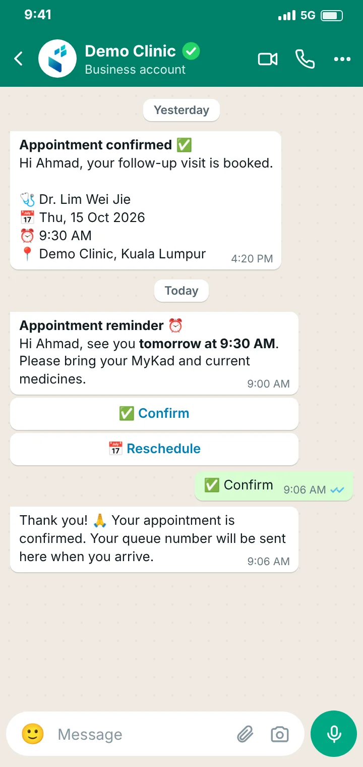 WhatsApp appointment confirmation and reminder sent automatically to a clinic patient