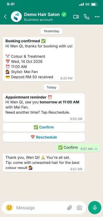 WhatsApp booking reminder WhatsApp booking confirmation and reminder sent automatically to a hair salon customer, who confirms with one tap