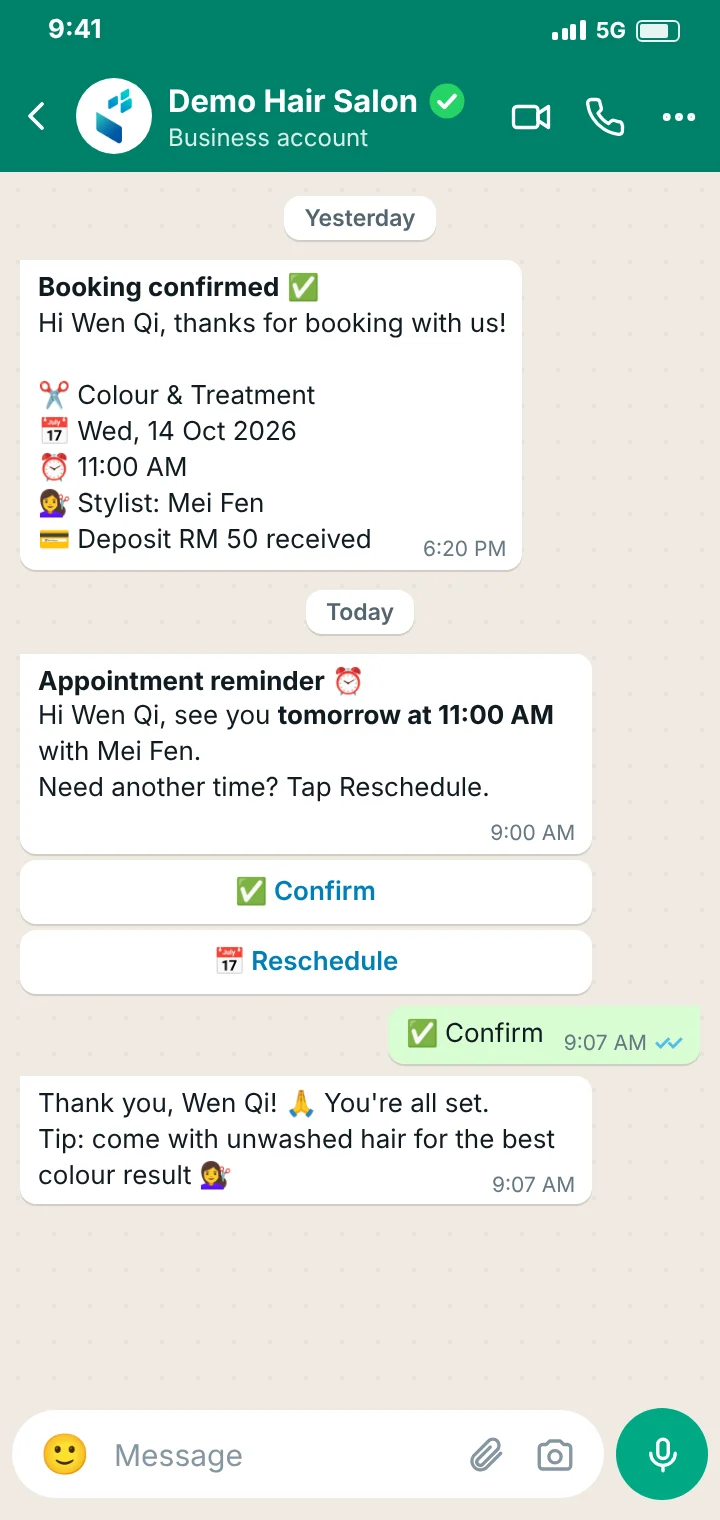 WhatsApp booking confirmation and reminder sent automatically to a hair salon customer, who confirms with one tap