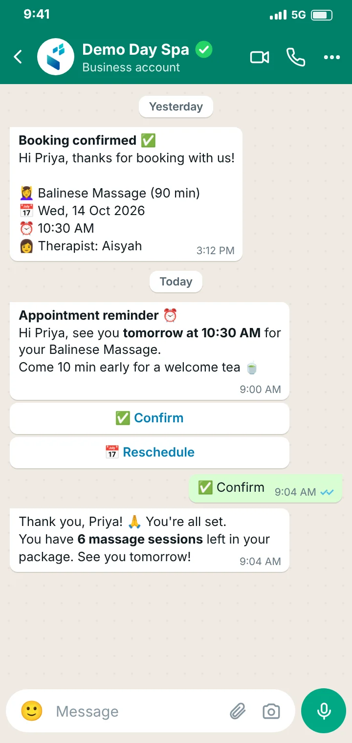WhatsApp booking confirmation and reminder sent automatically to a spa customer, who confirms with one tap